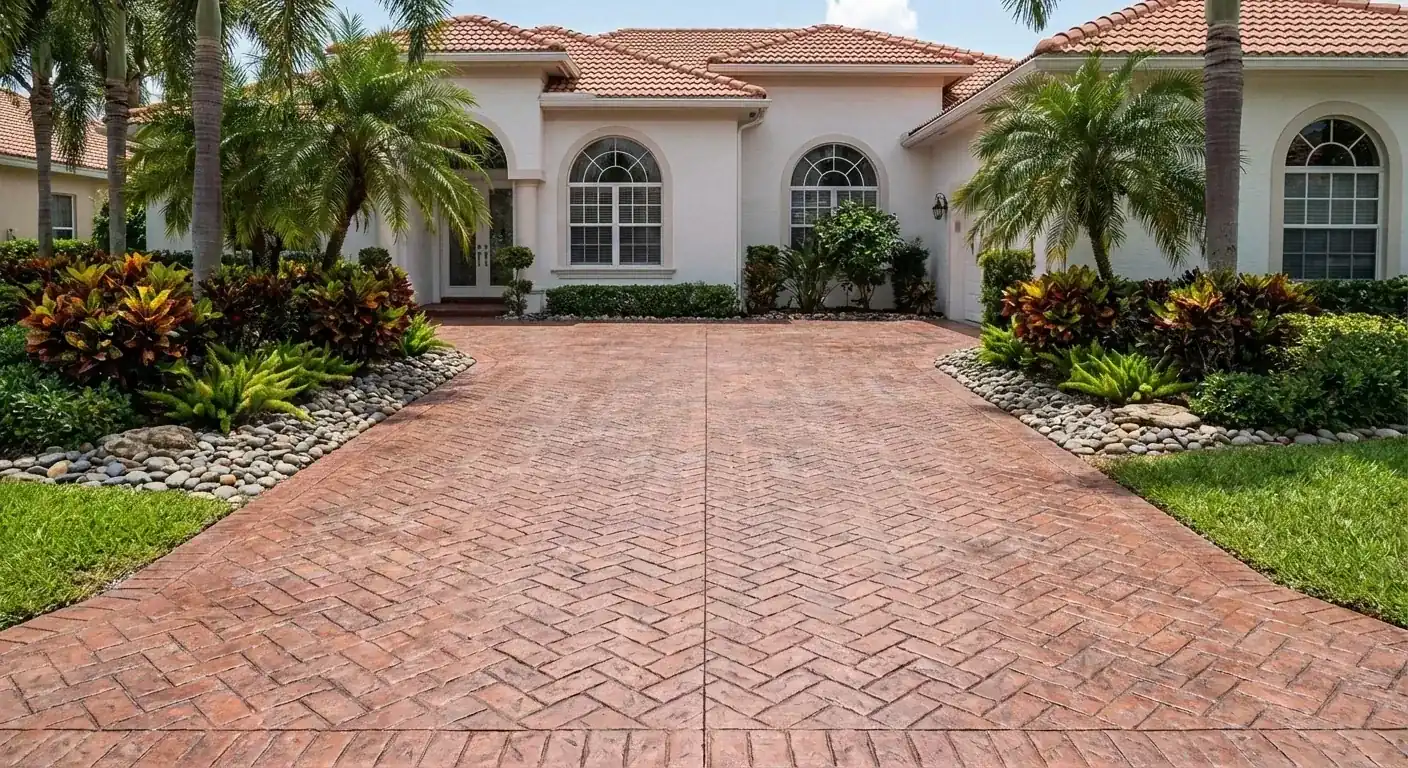 Red herringbone stamped concrete driveway leading to a tile roof Florida home, Brooksville, FL