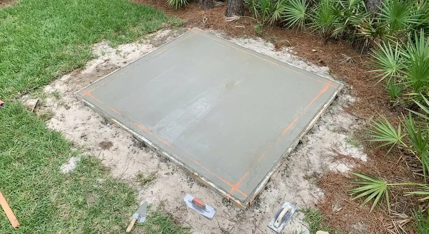 Small concrete shed slab poured in a sandy backyard among saw palmettos, Brooksville, FL
